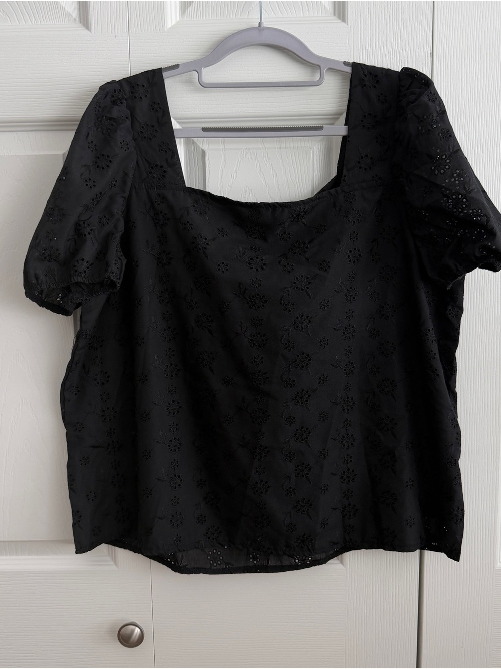 SHEIN Black Eyelet Square Neck Puff Sleeve Blouse
